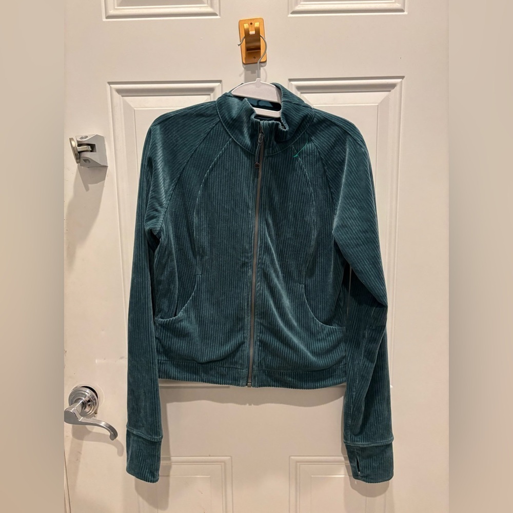 Lululemon Scuba Track Jacket Velvet Velour Cord Storm Teal Cotton Jersey sz8 - Picture 4 of 7